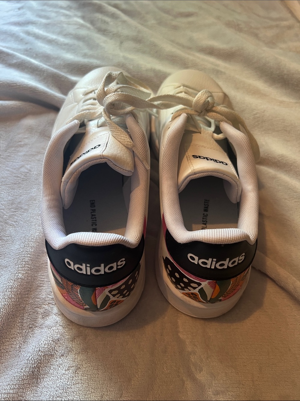 adidas White Sneakers with Black Heel and Colorful Floral Accent